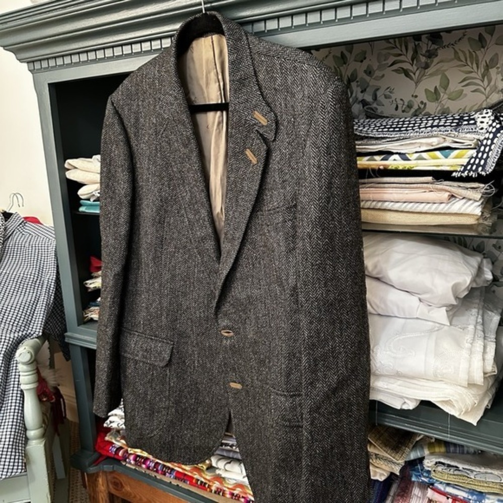 Daks Vtg Tweed‎ Jacket Mens Black 100% Wool Herringbone Blazer Leather Accents - Picture 2 of 14